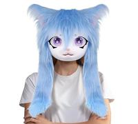 Gupcaqosjw Furry Cosplay | Animal Cat Masque with Big Eyes Long Hair | Realistic Plush Headwear Costume Props for Cosplay Theatre Performance Anime Convention Party Halloween Women Men