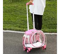 Gupeaoi Pet Carrier with Wheels, Clear Bubble Pet Suitcase for Cat & Small Dog Under 11 Lbs - Plastic Rolling Carrier with Telescopic Handle, Shoulder Strap, Silent Wheels & Vent Holes (Pink)