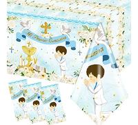 Gupesxu First Communion Decorations-3pcs Blue Mi Primera Comunion Tablecloth Baptism Table Covers for Boy Newborn Baby Shower Table Cloth for First Communion Baptism Decorations