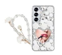 Guppy for Galaxy S25 Glitter Bling Case, with Lanyard Wrist Strap, Cute Luxury 3D Sparkle Heart Makeup Mirror Crystal Rhinestone Flowers Diamond Gems Pearl Women Girls Case, White