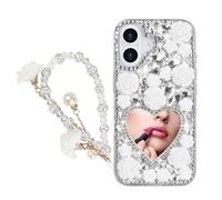 Guppy for iPhone Plus Glitter Bling Case, with Lanyard Wrist Strap, Cute Luxury 3D Sparkle Heart Makeup Mirror Crystal Rhinestone Flowers Diamond Gems Pearl Women Girls Case-White