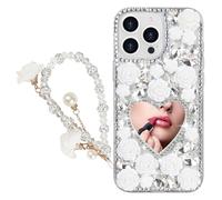 Guppy for iPhone Pro Max Glitter Bling Case, with Lanyard Wrist Strap, Cute Luxury 3D Sparkle Heart Makeup Mirror Crystal Rhinestone Flowers Diamond Gems Pearl Women Girls Case-White