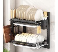 GUQASDV Wall Mounted Dish Drying Rack,Large dish drainer drying rack for Kitchen Counter,Multi-Level Kitchen Organizer with Drainboard Double-Layer Model(Black,2 Tier 42cm)