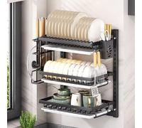 GUQASDV Wall Mounted Dish Drying Rack,Large dish drainer drying rack for Kitchen Counter,Multi-Level Kitchen Organizer with Drainboard Double-Layer Model(Black,3 Tier 42cm)