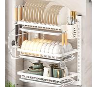 GUQASDV Wall Mounted Dish Drying Rack,Large dish drainer drying rack for Kitchen Counter,Multi-Level Kitchen Organizer with Drainboard Double-Layer Model(White,3 Tier 42cm)