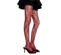 Guqqeuc Womens Sheer Tights Floral Lace Stockings Sexy Flower Pattern Leggings High Waisted Pantyhose Fishnet Long Stocking, Red, 0-8