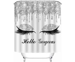 GURETER Hello Gorgeous Shower Curtain Girly Pretty Eyelash Silver Twinkle Drips Shower Curtains for Bathroom with Hooks, 72" Washable Polyester White Shower Curtain Set, YLLSGU290
