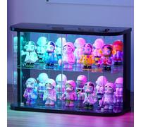 Gurexl Desktop Glass Display Cabinets with Led,Compact 2 Tier Cabinet with Dynamic and Music Mode,Tabletop Box with Glass Shelf for Minifigure,Collectibles,Car Models,Perfume,19'' x 7'' x 13'',Black