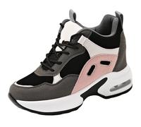 GURGER Hidden Heel Wedge Trainers Women Leather Lace Up Casual Sneakers Comfortable Breathable Walking Sport Shoes Black Pink Size 6