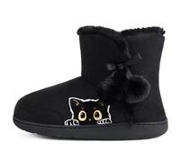 GURGER Women’s Cute Bootie Slippers Winter Warm Plush Indoor House Boots Slippers with Cartoon Animal Embroidery Cat, Black 38 39