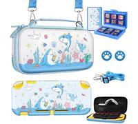 Gurgitat 6in1 Kits Accessories Bundle for Nintendo Switch Lite 2019 - Cute Carrying Case, Protective Cover, Joy Con Grips, Thumb Grips, 24 Game Holder, Shoulder Strap Teens Boys Girls, Blue Shark