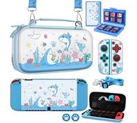 Gurgitat 8in1 Kits Accessories Bundle for Nintendo Switch OLED 2021 - Cute Carrying Case, Protective Cover, Joy Con Grips, Thumb Grips, 24 Game Holder, Shoulder Strap Teens Boys Girls, Blue Shark