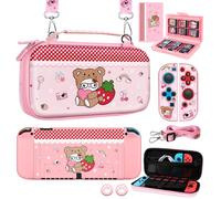 Gurgitat 8in1 Kits Accessories Bundle for Nintendo Switch OLED 2021 - Cute Carrying Case, Protective Cover, Joy Con Grips, Thumb Grips, 24 Game Holder, Shoulder Strap Teens Boys Girls, Strawberry