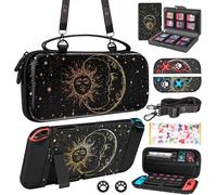 Gurgitat 9in1 Sun Moon Witchy Switch Case for Nintendo Switch Carrying Cases & Storage Accessories Bundle Kit Thumb Grip+Game Holder+Dockable Skin+Shoulder Strap+Sticker for Switch Travel Pouch Bag