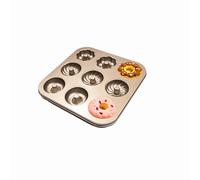 Gurlideo Donut Mould 9-Cavity 3 Shapes Cupcake Tins Non Stick Carbon Steel Baking Tray for Doughnut Muffin Cupcake, Gold