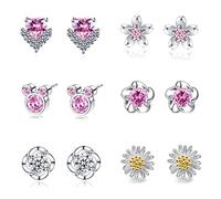 GUROTD 6 Pairs Sterling Silver Stud Earrings - Tiny Flower Heart Butterfly Designs, Hypoallergenic Cubic Zirconia Diamond Cartilage Earrings Set