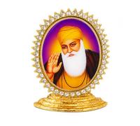 Guru Nanak Dev Ji Decorative Gold Photo Frame, Crystal Studded Sikh Religious Desktop Ornament for Home Mandir, Office Desk, Car Dashboard, Prayer Room, Spiritual Gift Decor, 6.5 x 4.5 cm