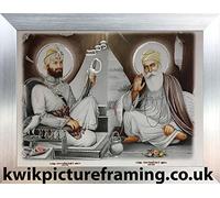 Guru Nanak Dev Ji Picture Frame with Guru Gobind Singh Ji | 12 x 9 Inch Sikh Religious Wall Art Display | Rectangular Stand or Wall Mount Silver Frame | Made in UK