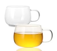 GURUDAR Glass Tea Cups Set of 2, Clear Borosilicate Glass Teacups with Handle for Tealover, Dishwasher & Microwave Safe Large Coffee Mugs for Espresso Cappuccino Latte Juice, 12OZ/360ML