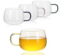 GURUDAR Glass Tea Cups Set of 4, Clear Borosilicate Glass Teacups with Colorful Handle for Tealover, Dishwasher & Microwave Safe Large Coffee Mugs for Espresso Cappuccino Latte Juice, 12OZ/360ML