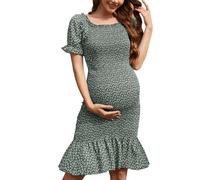 guruixu Floral Smocked Maternity Dress Short Puff Sleeve Square Neck Ruffle Hem Mermaid Baby Shower Bodycon Pregnancy Dress, Green Floral, M