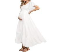 guruixu Swiss Dot Smocked Maternity Dress for Baby Shower Photoshoot Casual V Neck Ruffle Sleeve Empire Waist Tiered Boho Dress, B White, Small