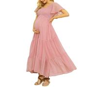 guruixu Swiss Dot Smocked Maternity Dress for Baby Shower Photoshoot Casual V Neck Ruffle Sleeve Empire Waist Tiered Boho Dress, B Pink, Medium