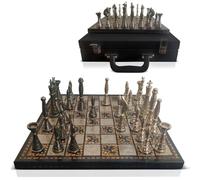 Guruji Divinity Collectible Tribal Warli Art Brass Chess Set in Leather Storage Box. (12 X 12 in)