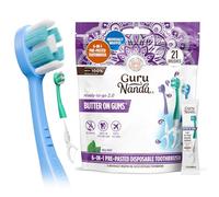 GuruNanda 6-in-1 Ready-to-Go Disposable Toothbrush, Pre-Pasted Butter on Gums Softex Bristles, Floss & Toothpick, Tongue & Ch leaner, Individually Wrapped & TSA Friendly, 21 Ct