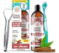 GuruNanda Ashwagandha Oil Pulling with Neem & Roman Chamomile, for Fresh Breath and Happy Gums, Alcohol & Flouride-Free Essential Oil Oral Rinse with Toothbrush & Tongue Scraper, 237 ml