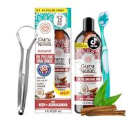 GuruNanda Cinnamon Oil Pulling Mouthwash, Promotes Calmness, with Neem & Ashwagandha for Fresh Breath & Happy Gums, Alcohol-Free, with Toothbrush & Tongue Scraper, 273 ml