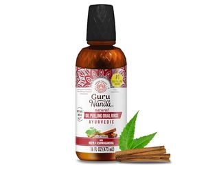 GuruNanda Cinnamon Oil Pulling Mouthwash, Promotes Calmness, with Neem & Ashwagandha for Fresh Breath & Happy Gums, Alcohol-Free, with Toothbrush & Tongue Scraper, 473 ml