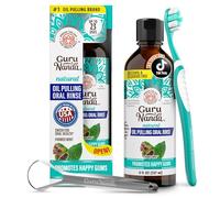 GuruNanda CocoMint Oil Pulling Mouthwash for Complete Oral Hygiene, 7 Essential Oils & Vitamins for Happy Teeth & Gums & Fresh Breath, with Toothbrush & Tongue Scraper, Alcohol-Free, 237 ml