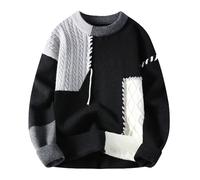 GURUNVANI Mens Color Block Patchwork Sweater Oversized Cable Knit Pullover, Black, Medium