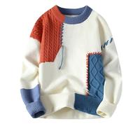 GURUNVANI Mens Color Block Patchwork Sweater Oversized Cable Knit Pullover, Orange, S