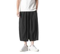 GURUNVANI Mens Patchwork Wide Leg Pants Elastic Waist Harlem Capri Pants Loose Beach Trouser, 24k185black, Large