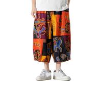 GURUNVANI Mens Patchwork Wide Leg Pants Elastic Waist Harlem Capri Pants Loose Beach Trouser, 24k228orange, Large