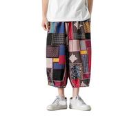 GURUNVANI Mens Patchwork Wide Leg Pants Elastic Waist Harlem Capri Pants Loose Beach Trouser, 24k228red, XXL