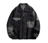 GURUNVANI Patchwork Denim Jacket Mens Oversized Jean Coat Button Down Outwear Tops, Black, Medium