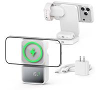 GUSGU MagTime 4-in-1 Charging Station, Foldable Wireless Charger Stand with Time and Charging Power Display, Compatible with iPhone 15/14/13/12 Series, Apple Watch 9, and AirPods (White)