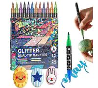 GUSHE 24 Colors Glitter Effect Brush Markers, Glitter Pens Colouring Pens, 12 PCS Dual Tip Metallic Acrylic Paint Pens for Scrapbooking, Arts and Crafts, Glitter Markers Easter Gifts for Kids