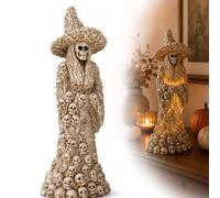 GUSHE Skeleton Witch Ornament Halloween Decor Glowing Skull Statue, Lighted Skull Figurine, Skull Witch Lantern Statue, Warm Light Gothi Skeleton Statue for Halloween Mantel Display (White, Battery)