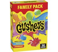 Gushers Fruit Flavored Snacks Family Pack, Tropical & Strawberry Flavors, Gluten Free Gummy Kids Snack, Bursting Juicy Center, Vitamin C Source, Individually Wrapped, Bulk Box, 20 Pouches, 16 oz Total