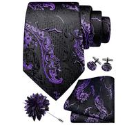 Gusleson Black Lavender Tie Set for Men Silk Paisley Purple Necktie Pocket Square Cufflinks and Lapel Pin Brooch Set for Wedding (UK6114-35)