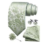 Gusleson Dark Sage Green Tie for Wedding Mens Silk Paisley Necktie Pocket Square Cufflinks and Lapel Pin Brooch Set (UK6105-47)