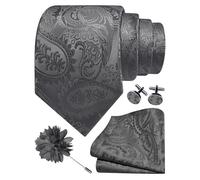 Gusleson Grey Tie Set for Men Paisley Wedding Silk Dark Grey Necktie Pocket Square Cufflinks and Lapel Pin Brooch Set (UK6111-04)