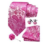 Gusleson Hot Pink Tie for Wedding Mens Silk Paisley Necktie Pocket Square Cufflinks and Lapel Pin Brooch Set (UK6105-45)