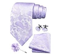 Gusleson Lavender Lilac Tie for Wedding Mens Silk Paisley Light Purple Necktie Pocket Square Cufflinks and Lapel Pin Brooch Set (UK6105-51)
