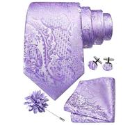 Gusleson Lavender Tie Set for Men Silk Paisley Purple Necktie Pocket Square Cufflinks and Lapel Pin Brooch Set for Wedding (UK6114-36)