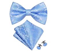 Gusleson Light Blue Bow Tie Pocket Square Set for Wedding Pre-Tied Silk Sky Blue Paisley Bowties Handkerchief Cufflinks for Men (UK0497-21)
